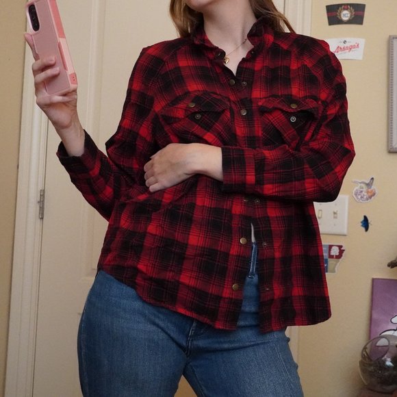 Oversized tunic flannel bright red and black - Picture 1 of 3